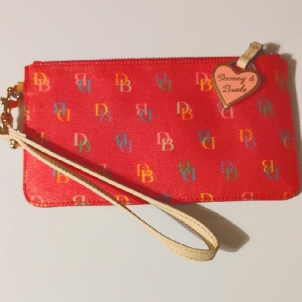 Vintage Dooney & Bourke Red Wristlet with Monogram Pattern And Charm Y2K